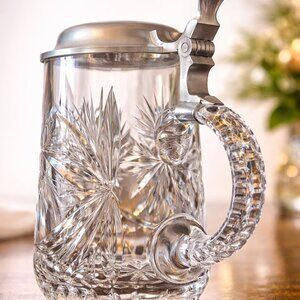 German 24% Lead Crystal Stein w/ Pewter Lid – Nachtmann Attributed – NWOT